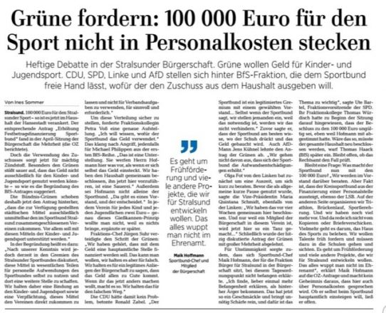 100.000 € extra für den Sportbund Stralsund