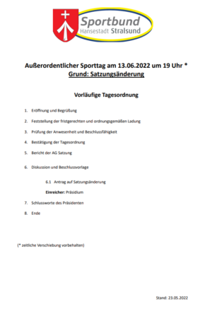 Der Sportbund lädt am 13. Juni zunächst zum Hauptausschuss und anschließend zum außerordentlichen Sporttag ein
